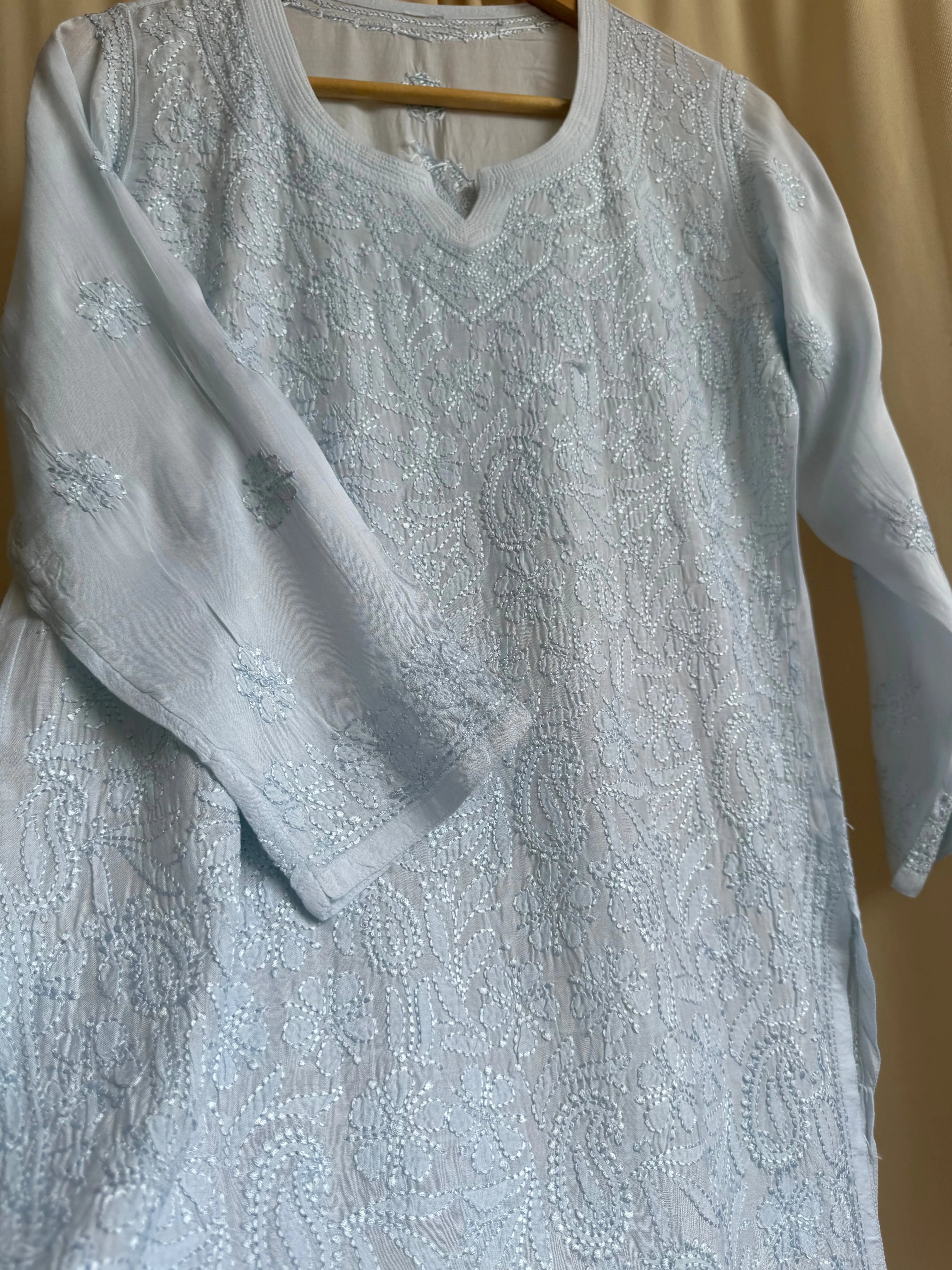 Chikankari Muslin short Top in Blue ARIAA CHIKANKARI 