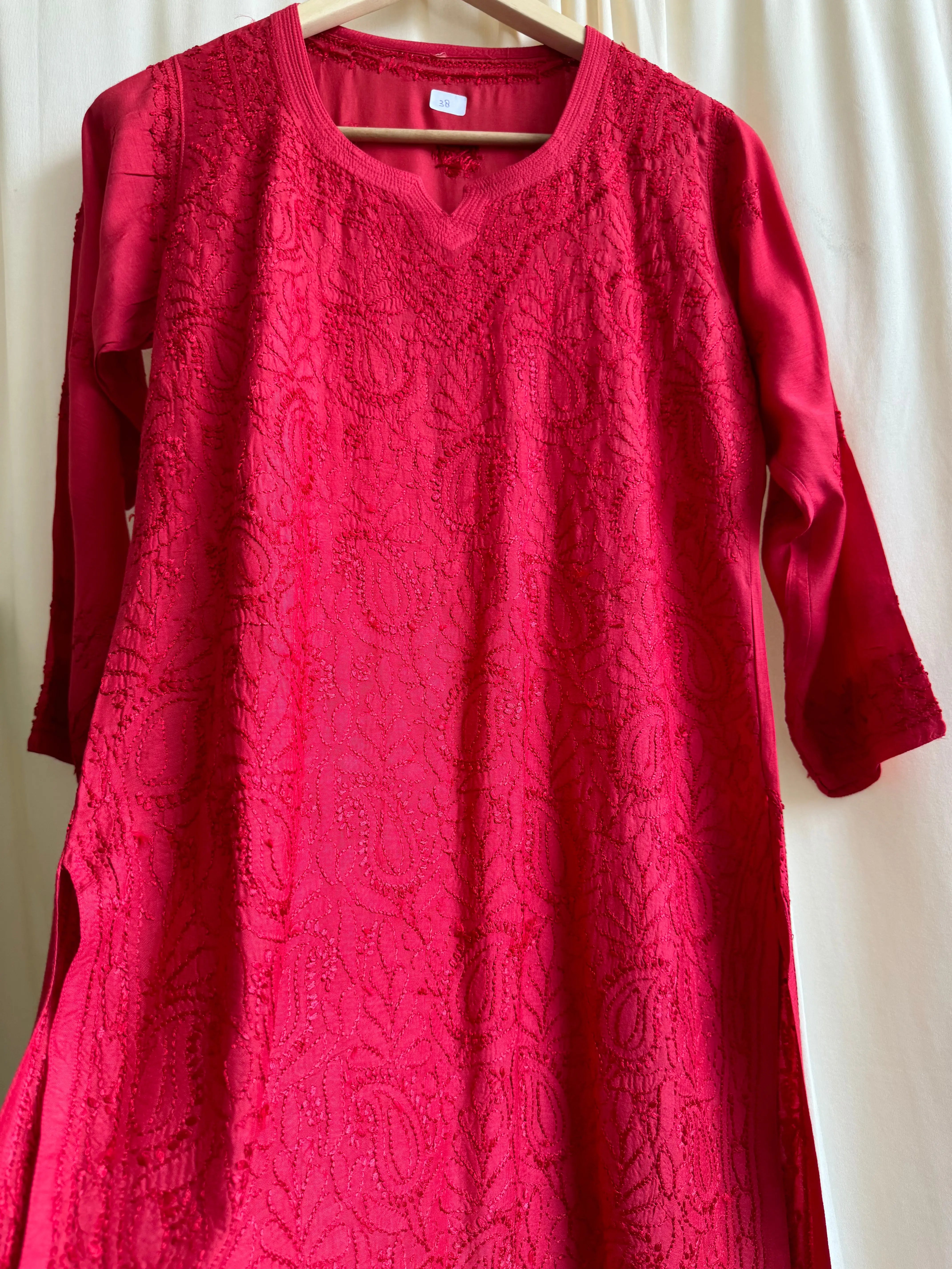 Chikankari Muslin short Top in Red ARIAA CHIKANKARI 