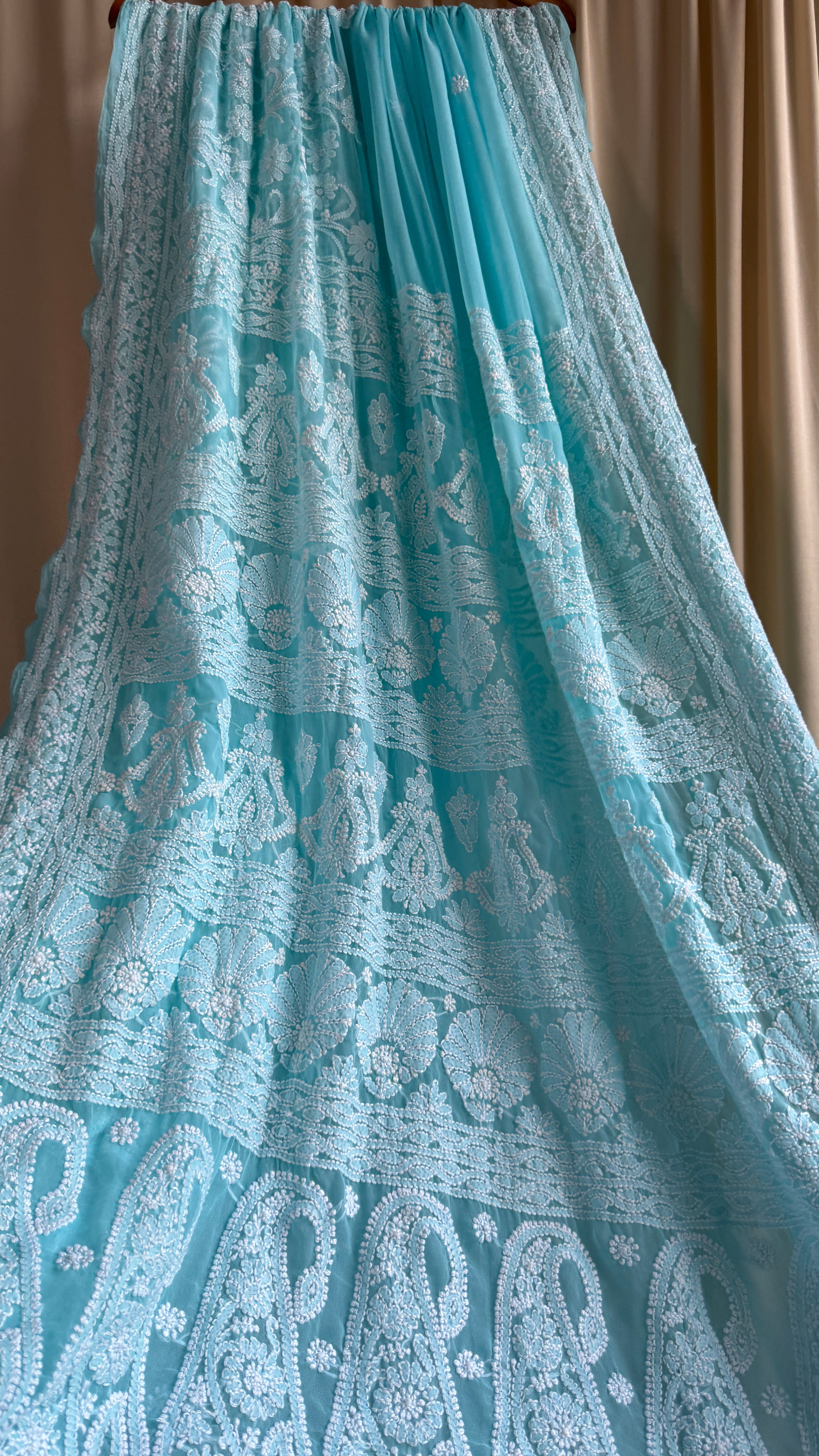 Georgette Chikankari saree in Firozi