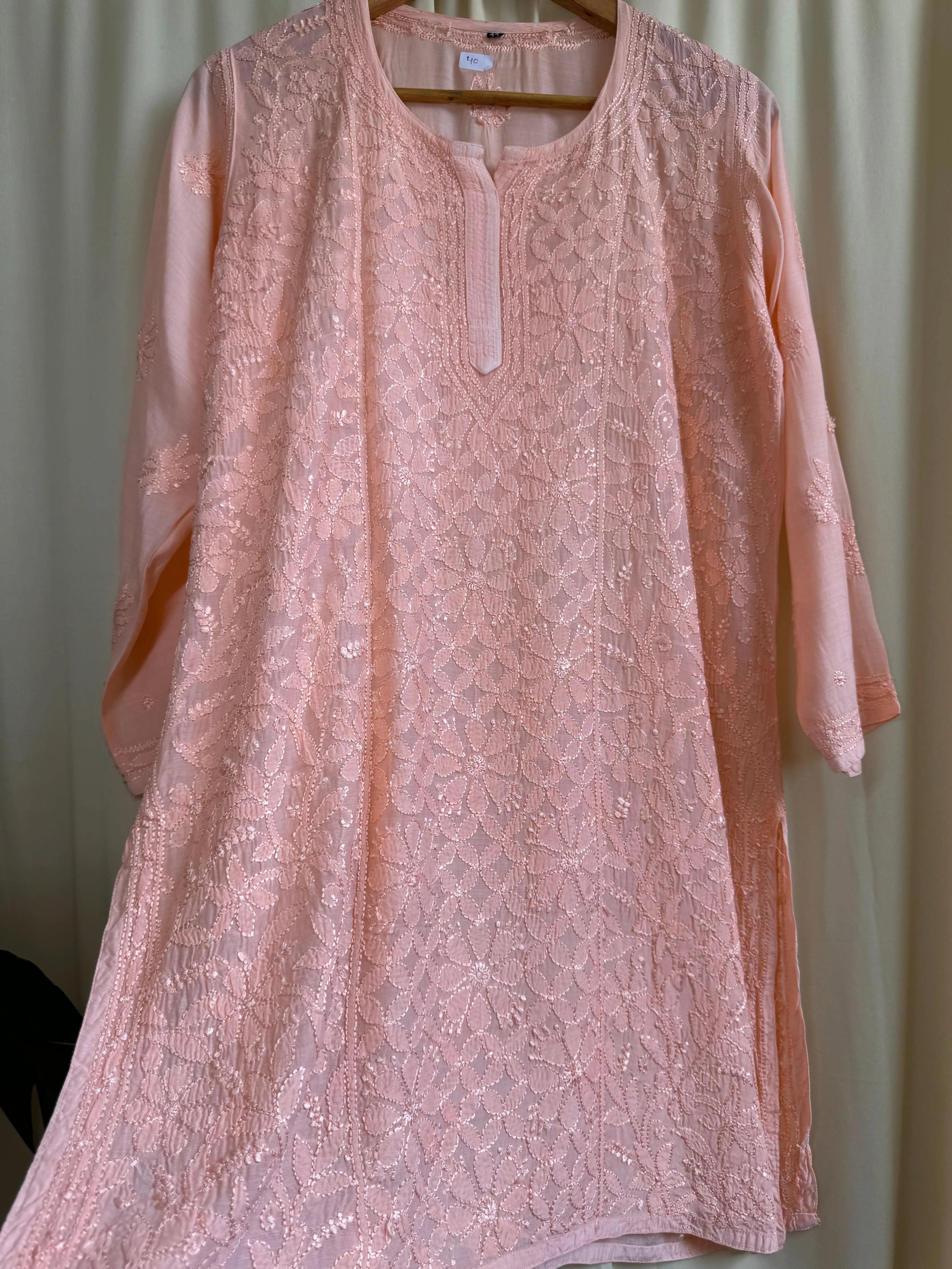 Chikankari Muslin short Top in Peach ARIAA CHIKANKARI 