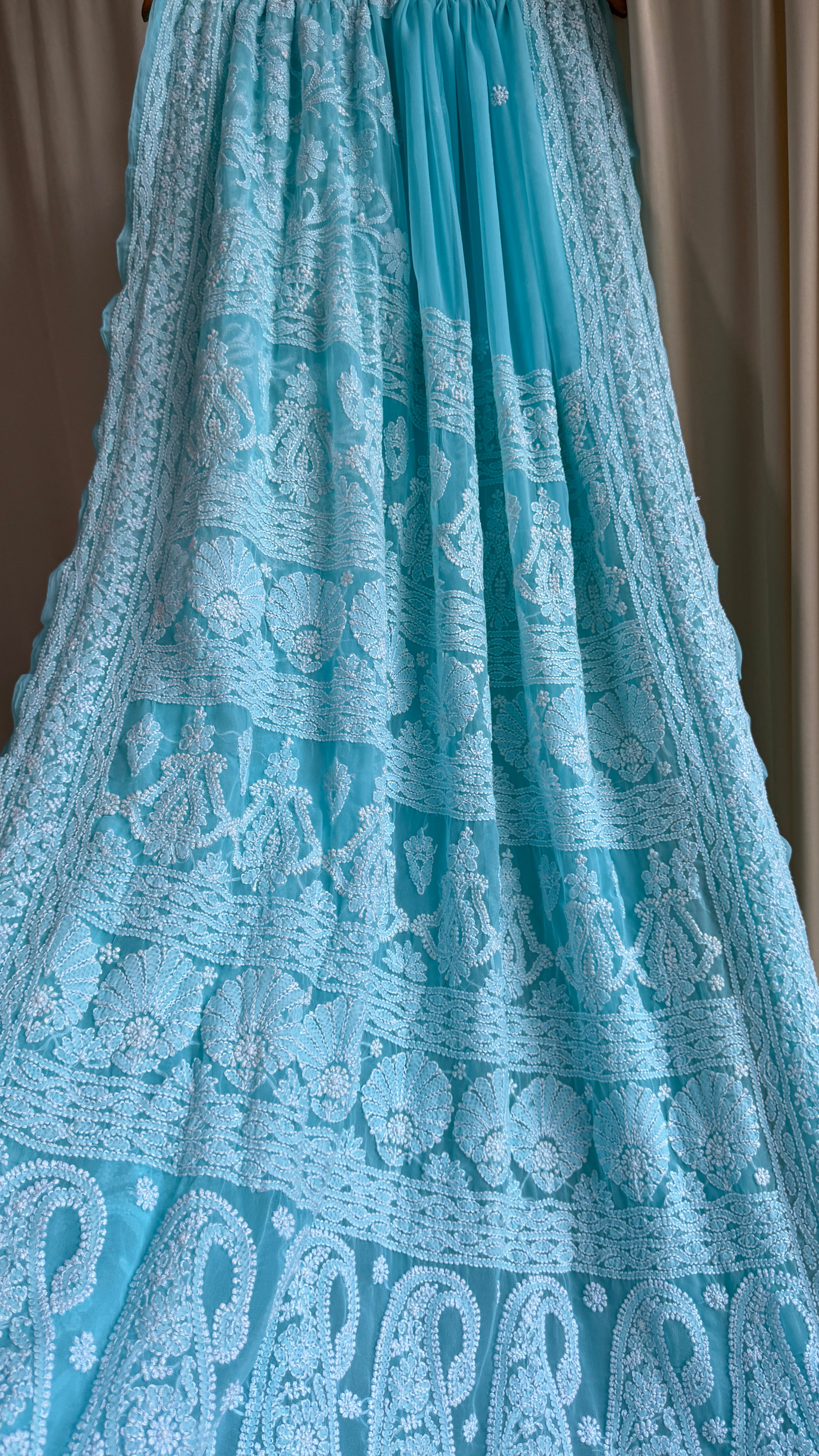 Georgette Chikankari saree in Firozi