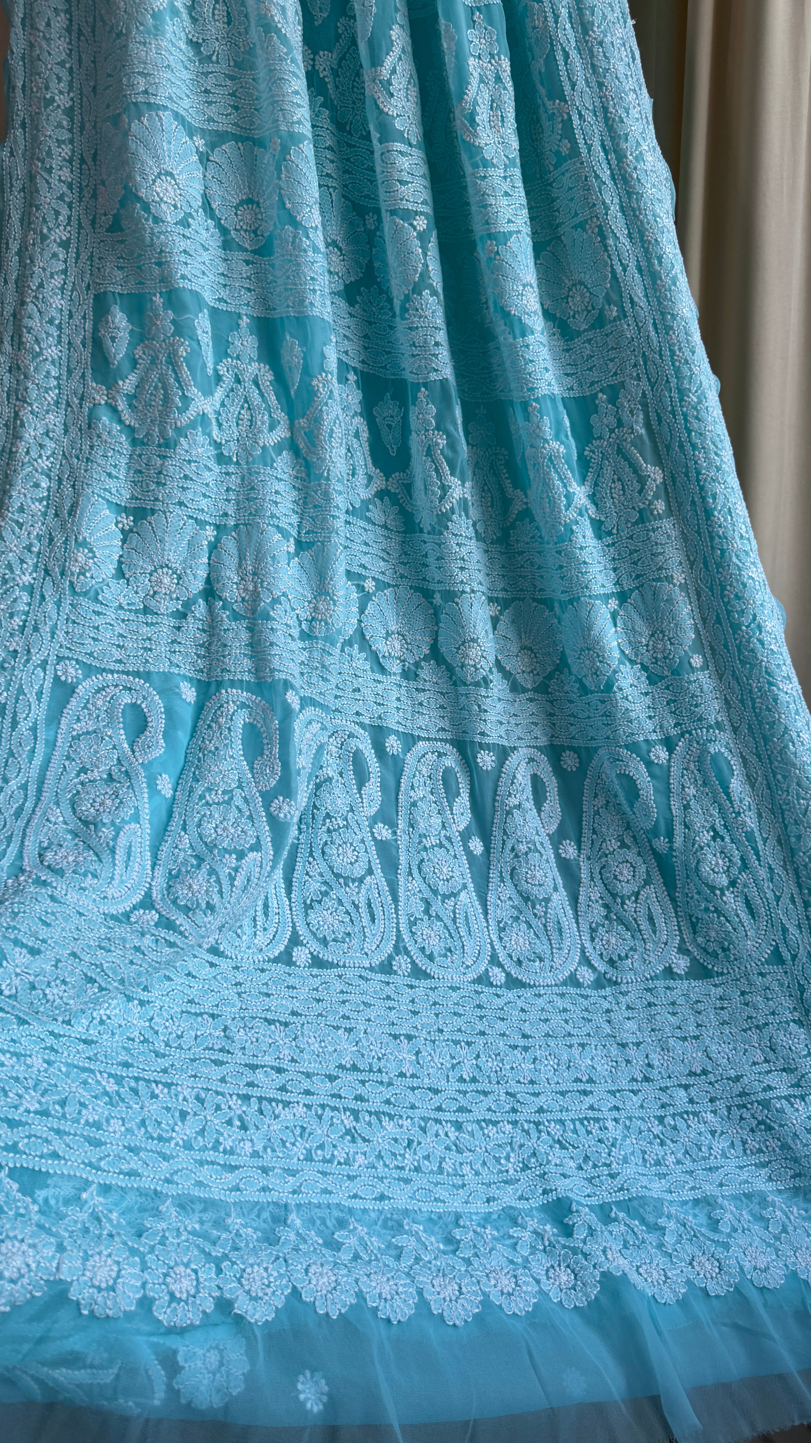 Georgette Chikankari saree in Firozi