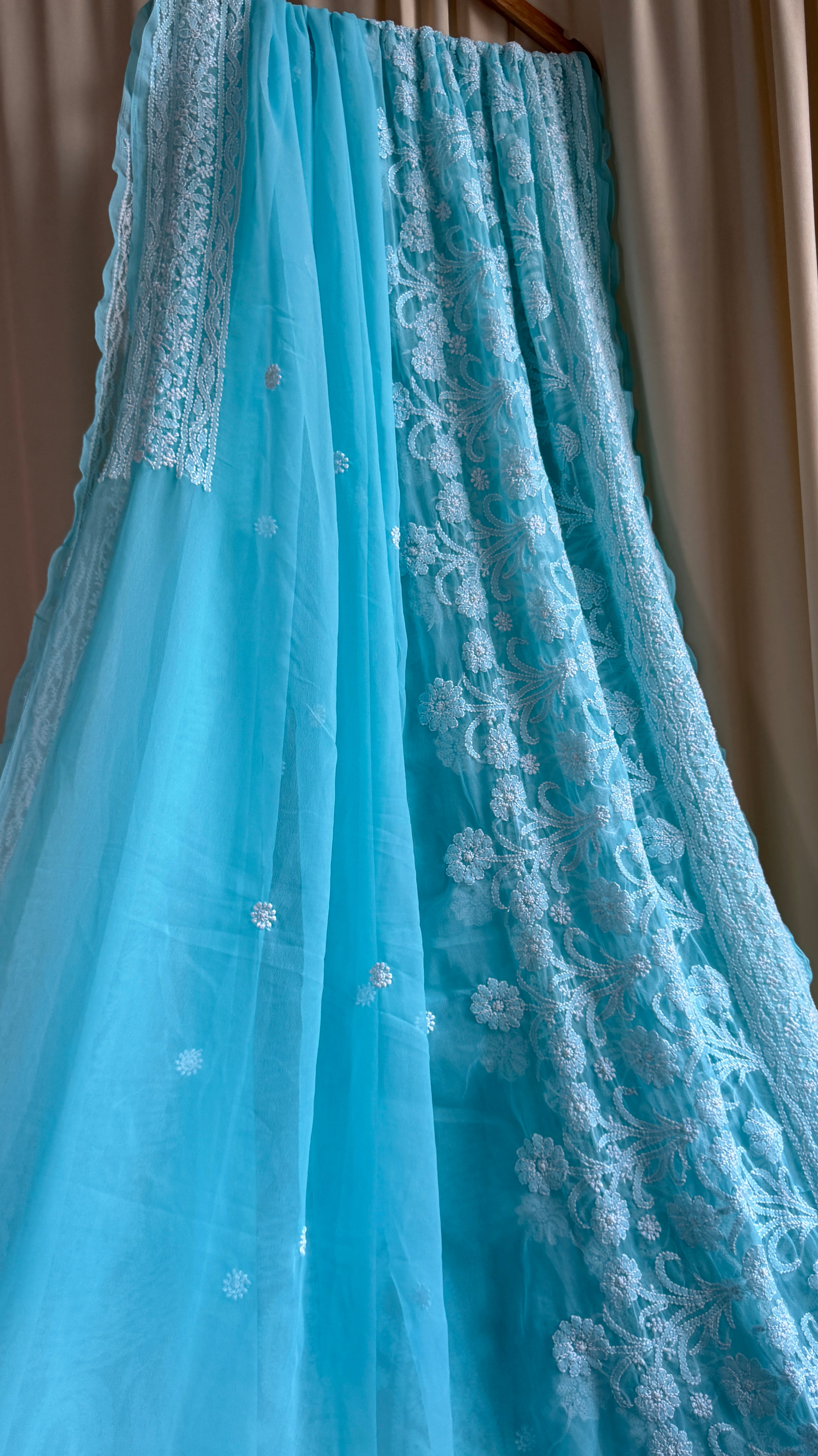 Georgette Chikankari saree in Firozi