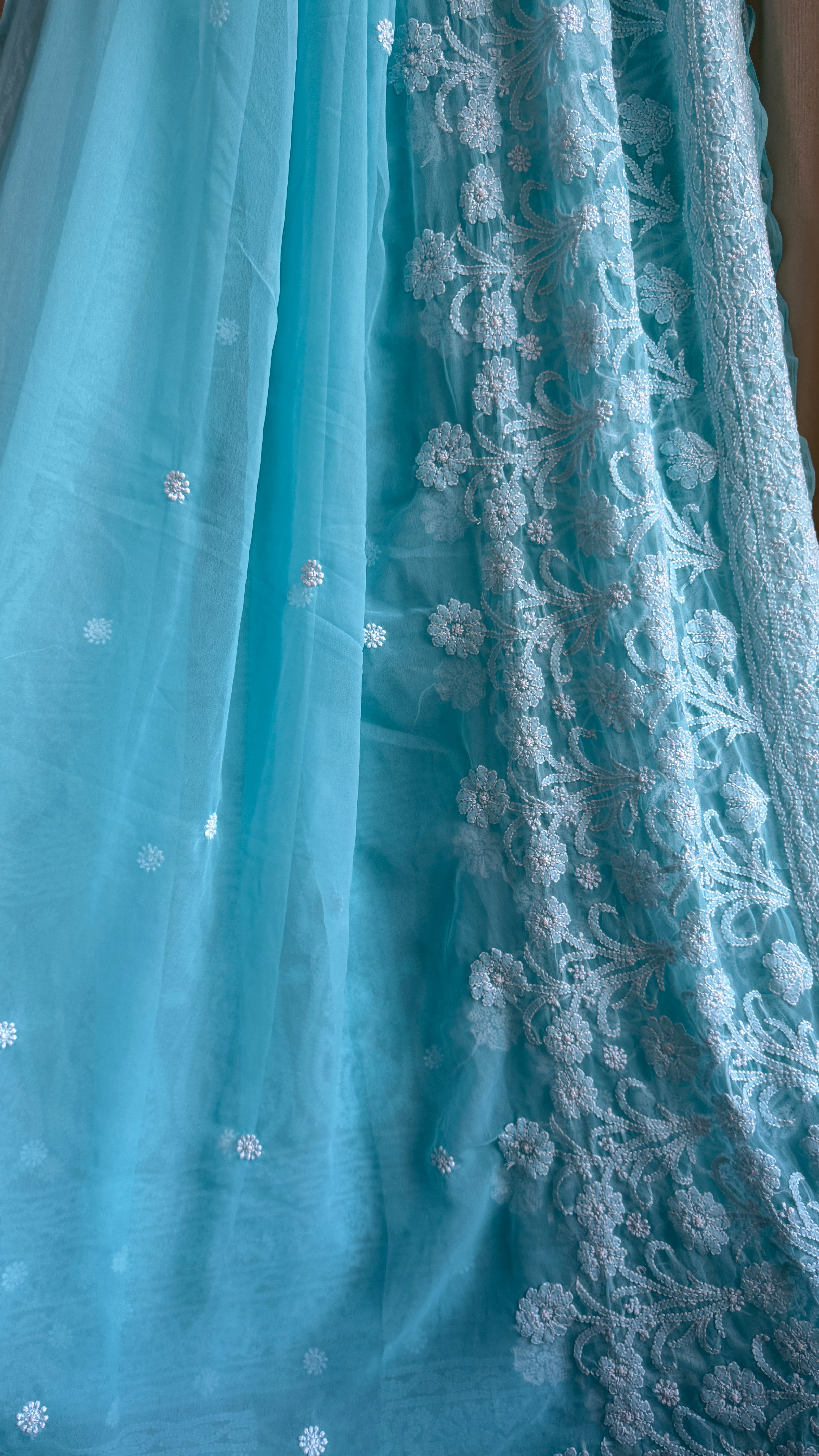 Georgette Chikankari saree in Firozi