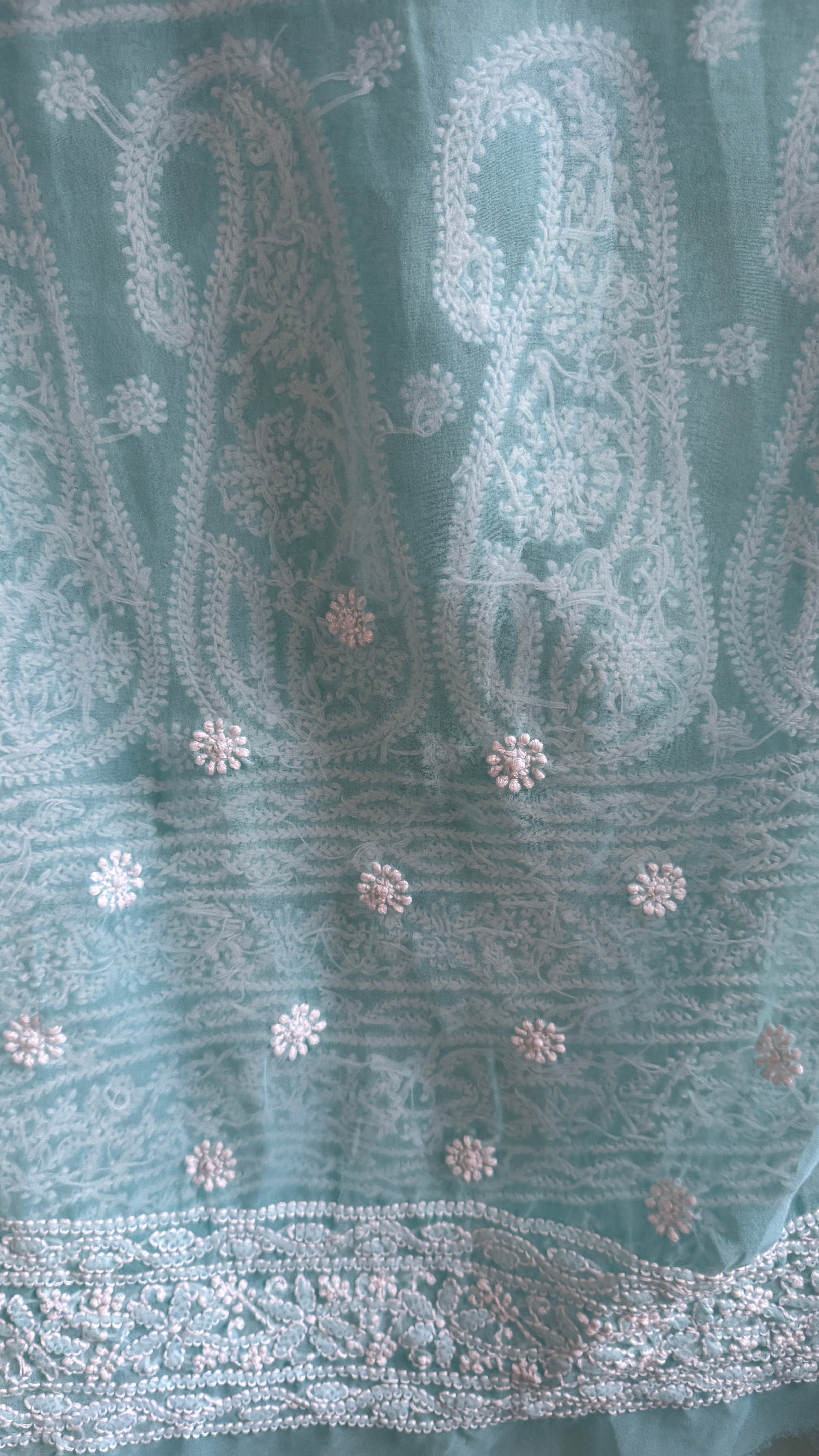 Georgette Chikankari saree in Firozi
