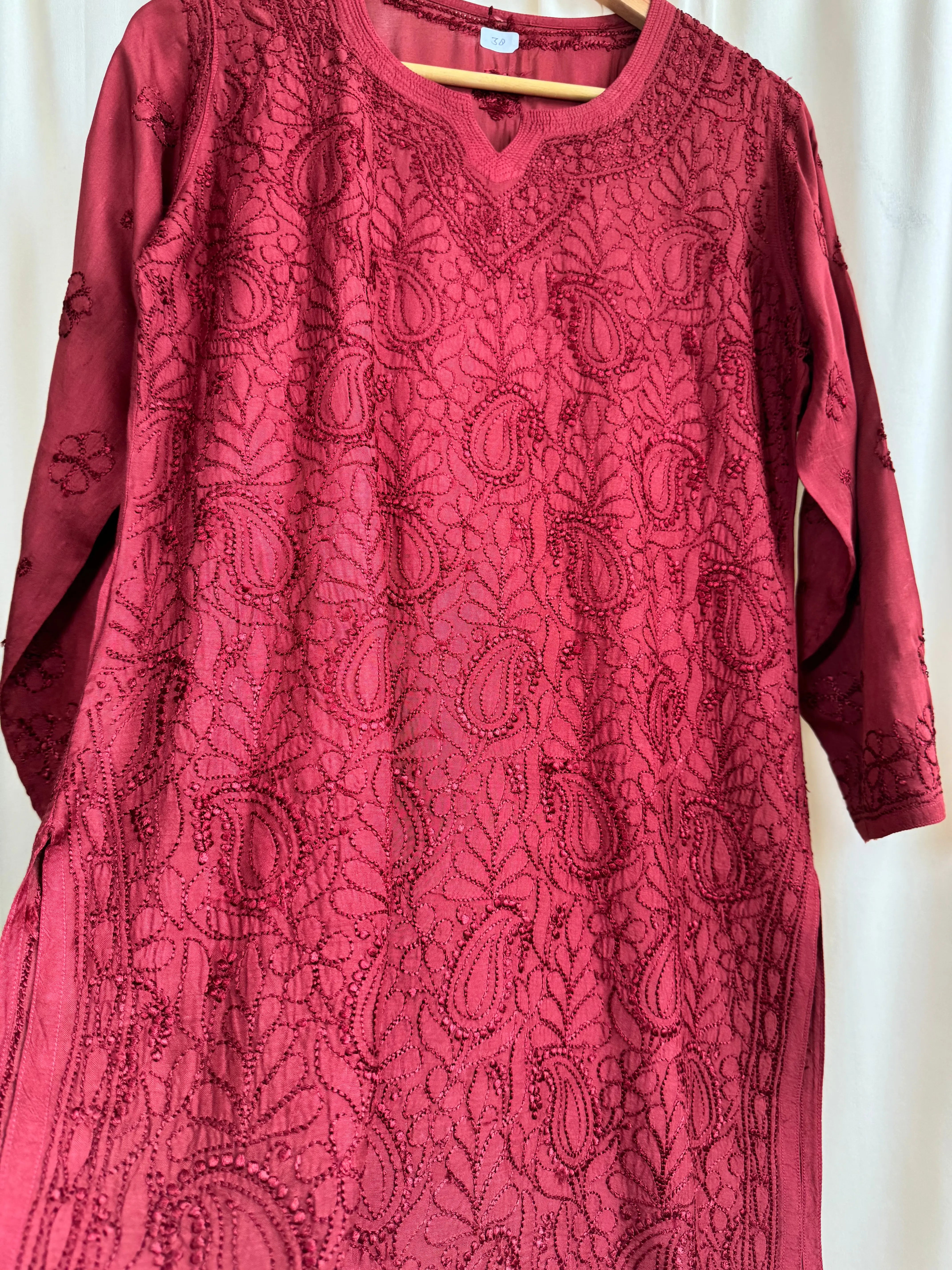 Chikankari Muslin short Top in Maroon ARIAA CHIKANKARI 