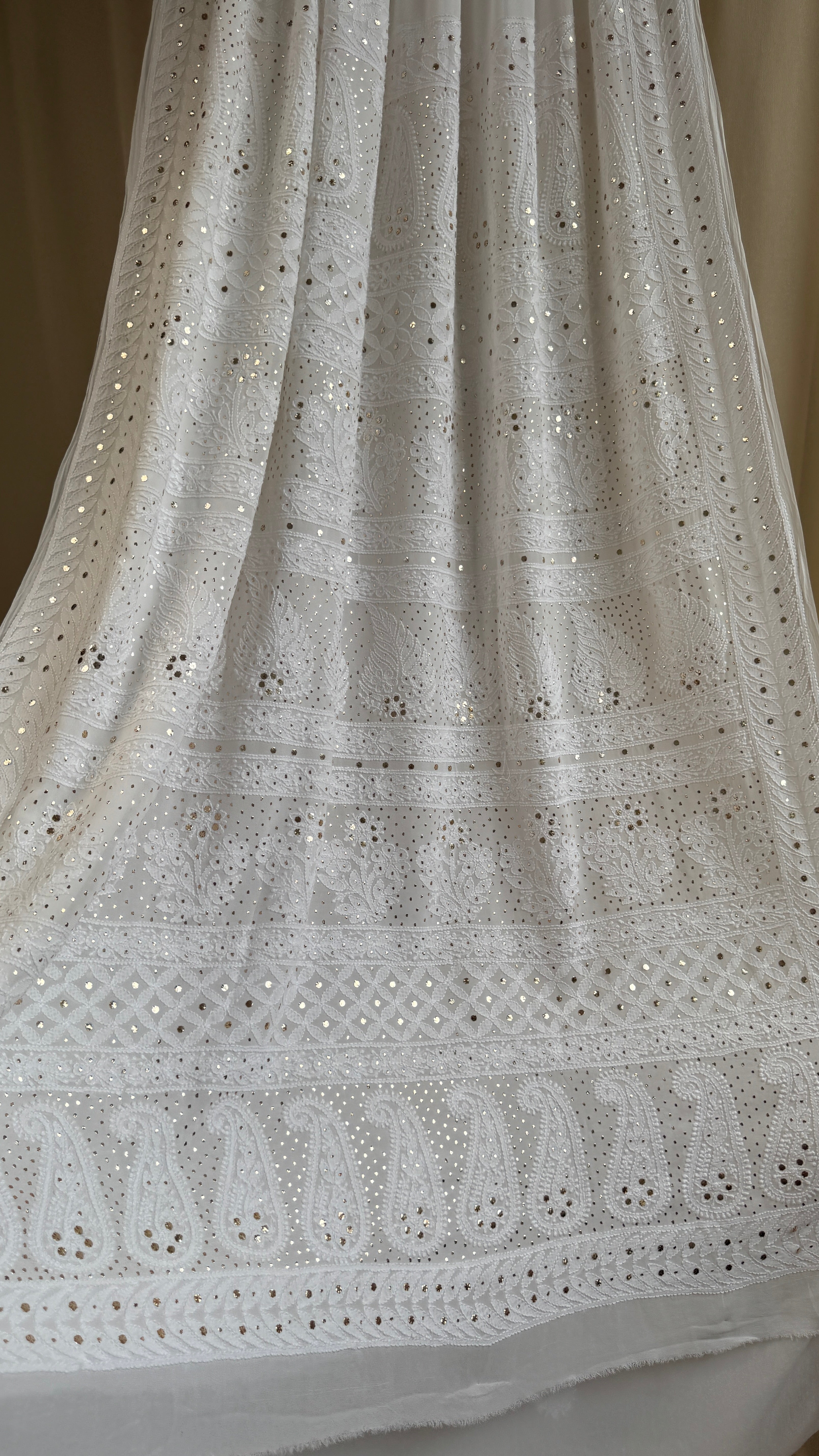 Viscose White Chikankari saree with Mukaish Work