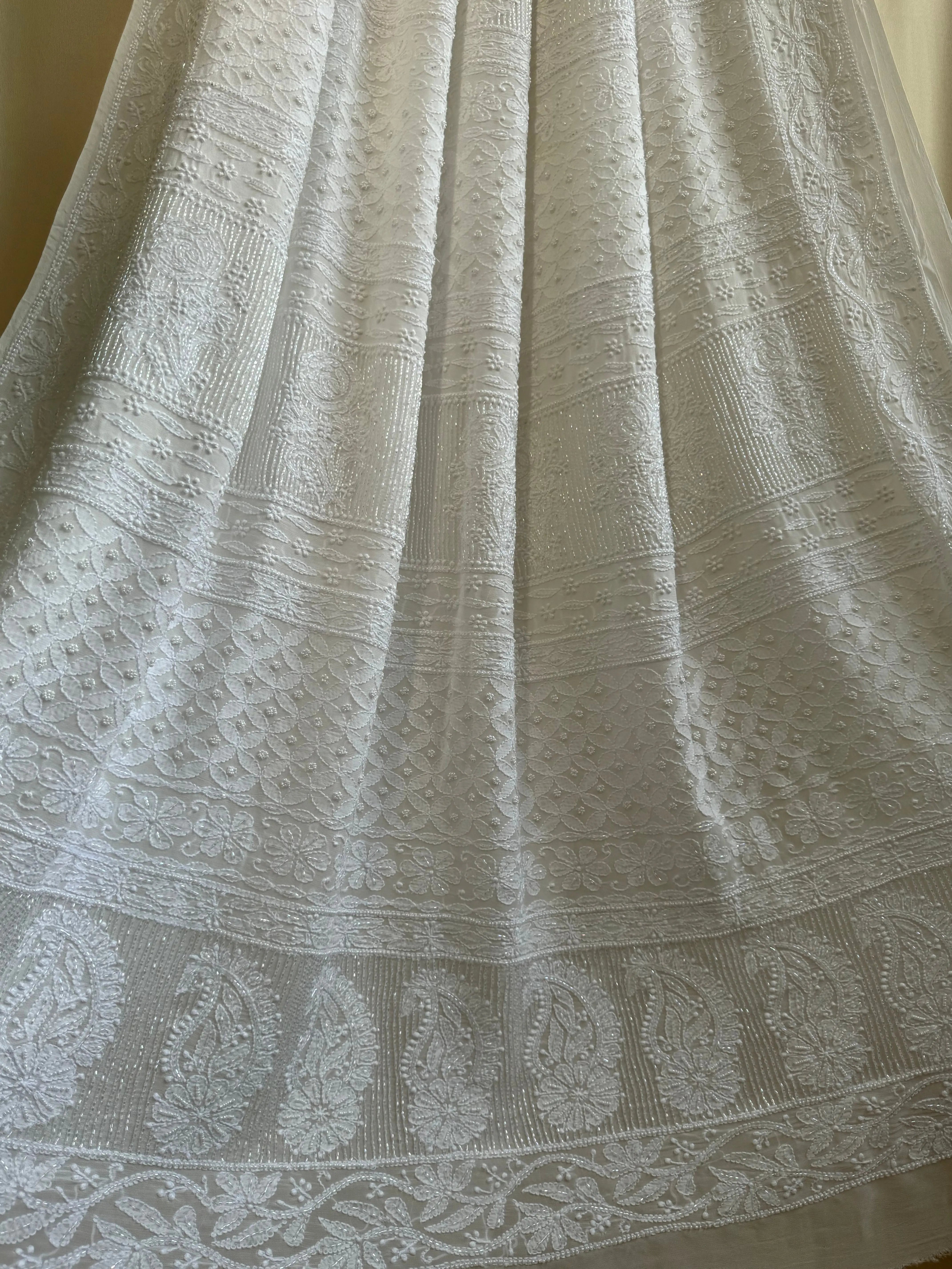 Viscose White Chikankari saree with Pearl embellishments ARIAA CHIKANKARI 