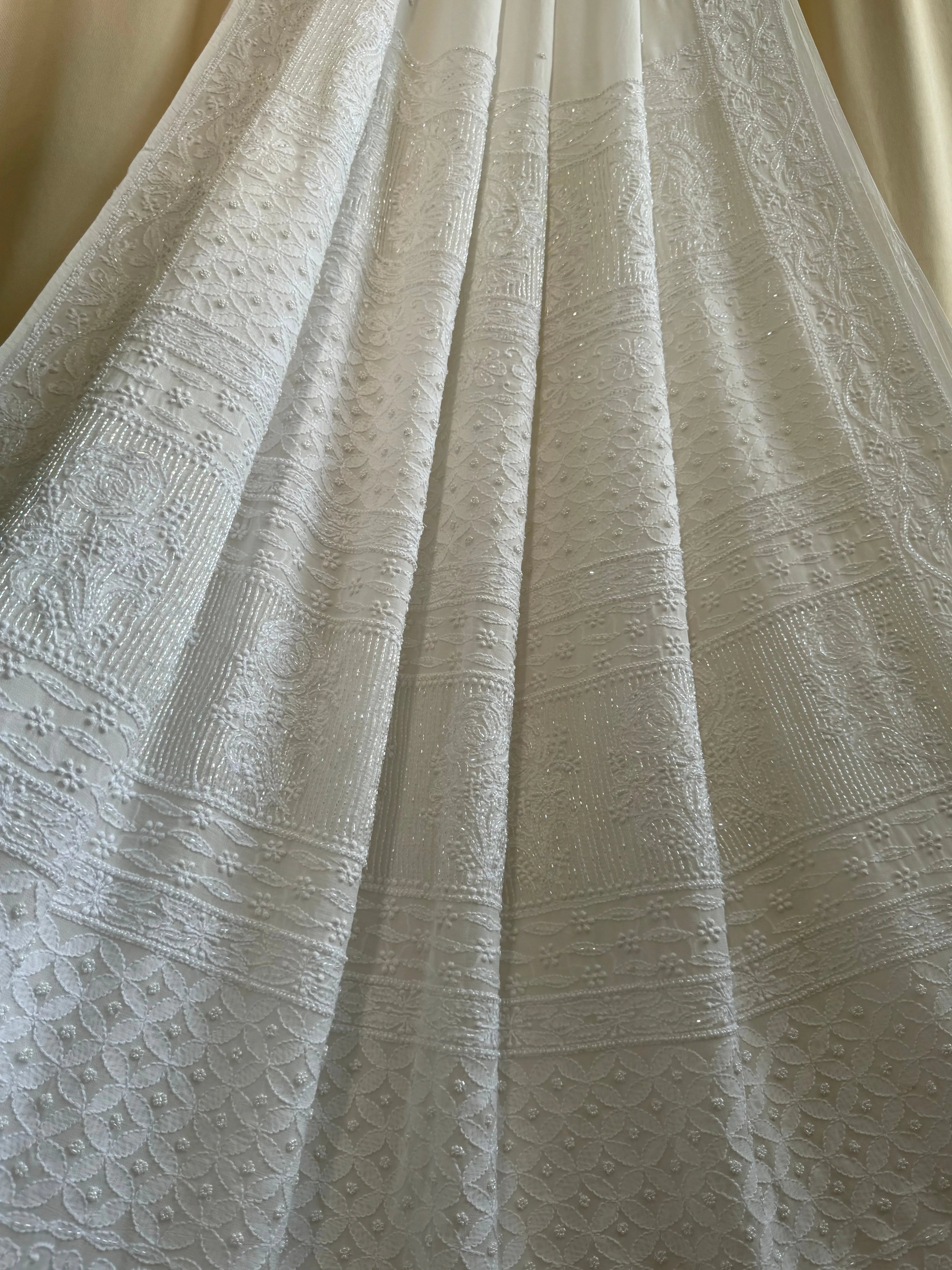 Viscose White Chikankari saree with Pearl embellishments ARIAA CHIKANKARI 