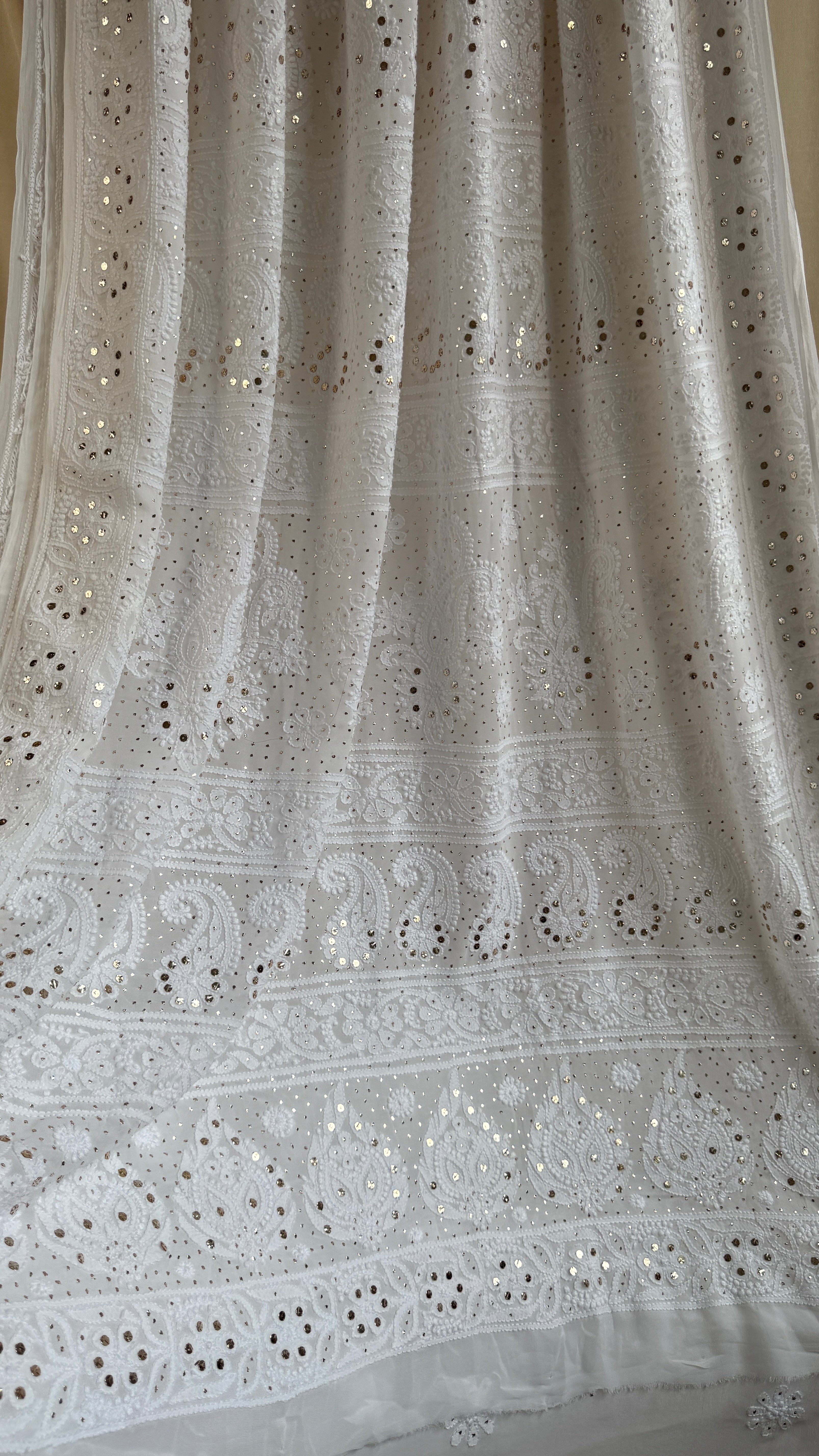Viscose White Chikankari saree with Mukaish Work