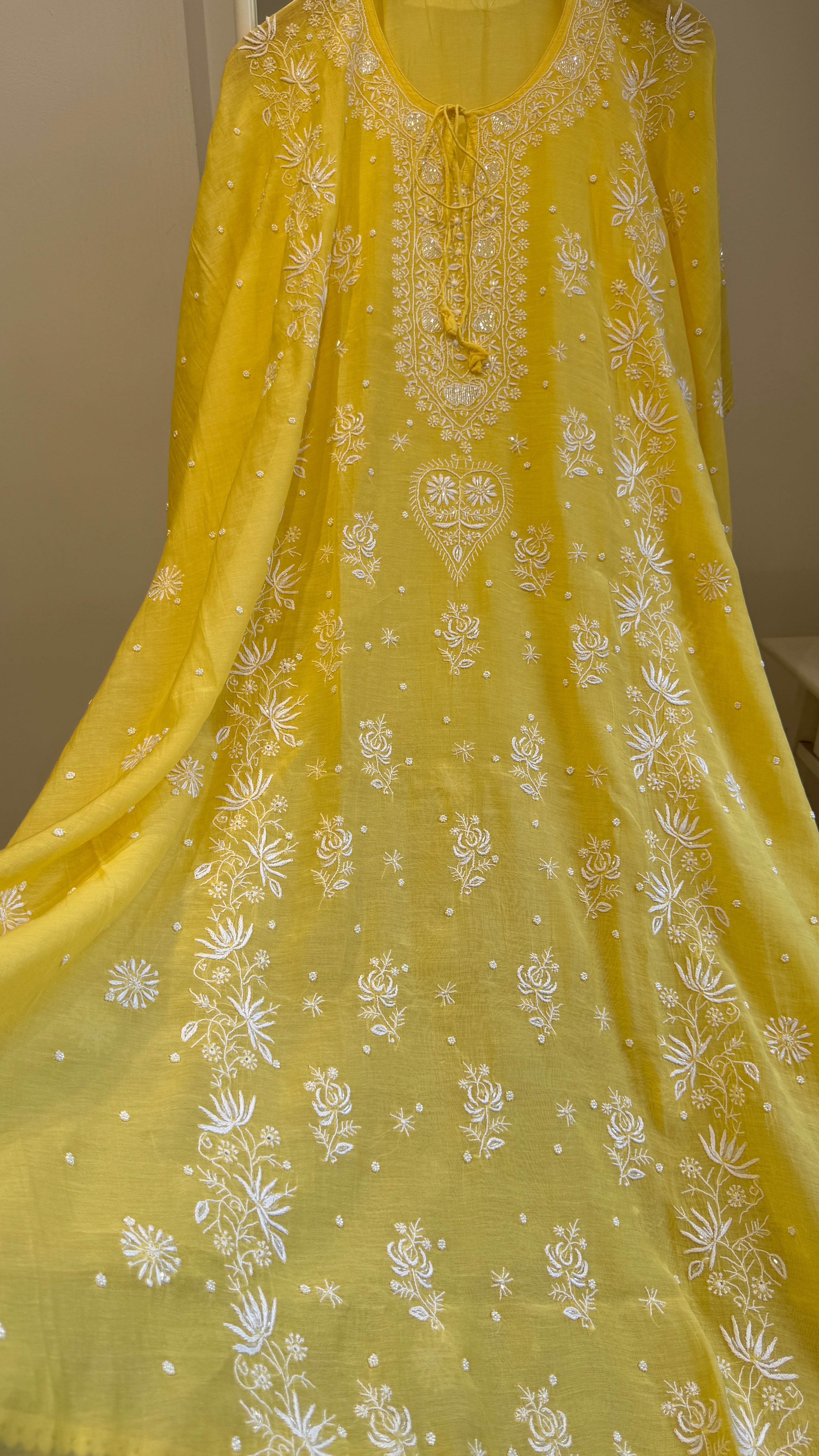 Mul Chanderi Chikankari Kaftan - Yellow